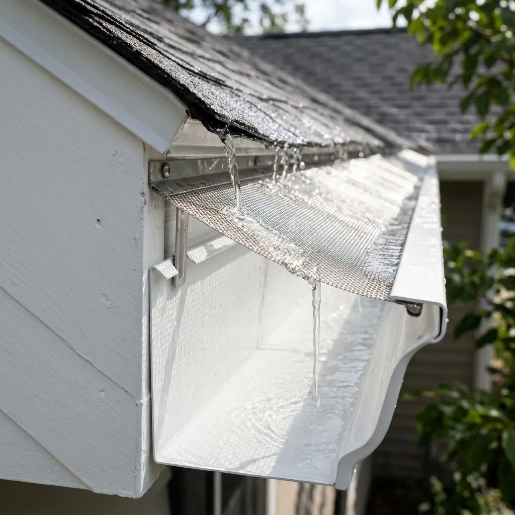 Stainless steel micro-mesh gutter guards installed on brand new seamless gutters