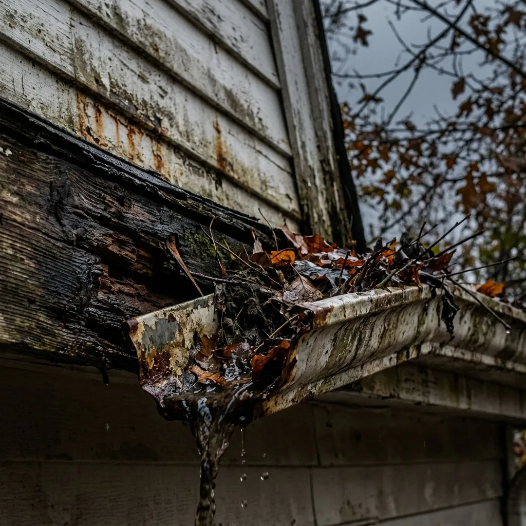 Dirty clogged gutters sagging and overflowing water before cleaning